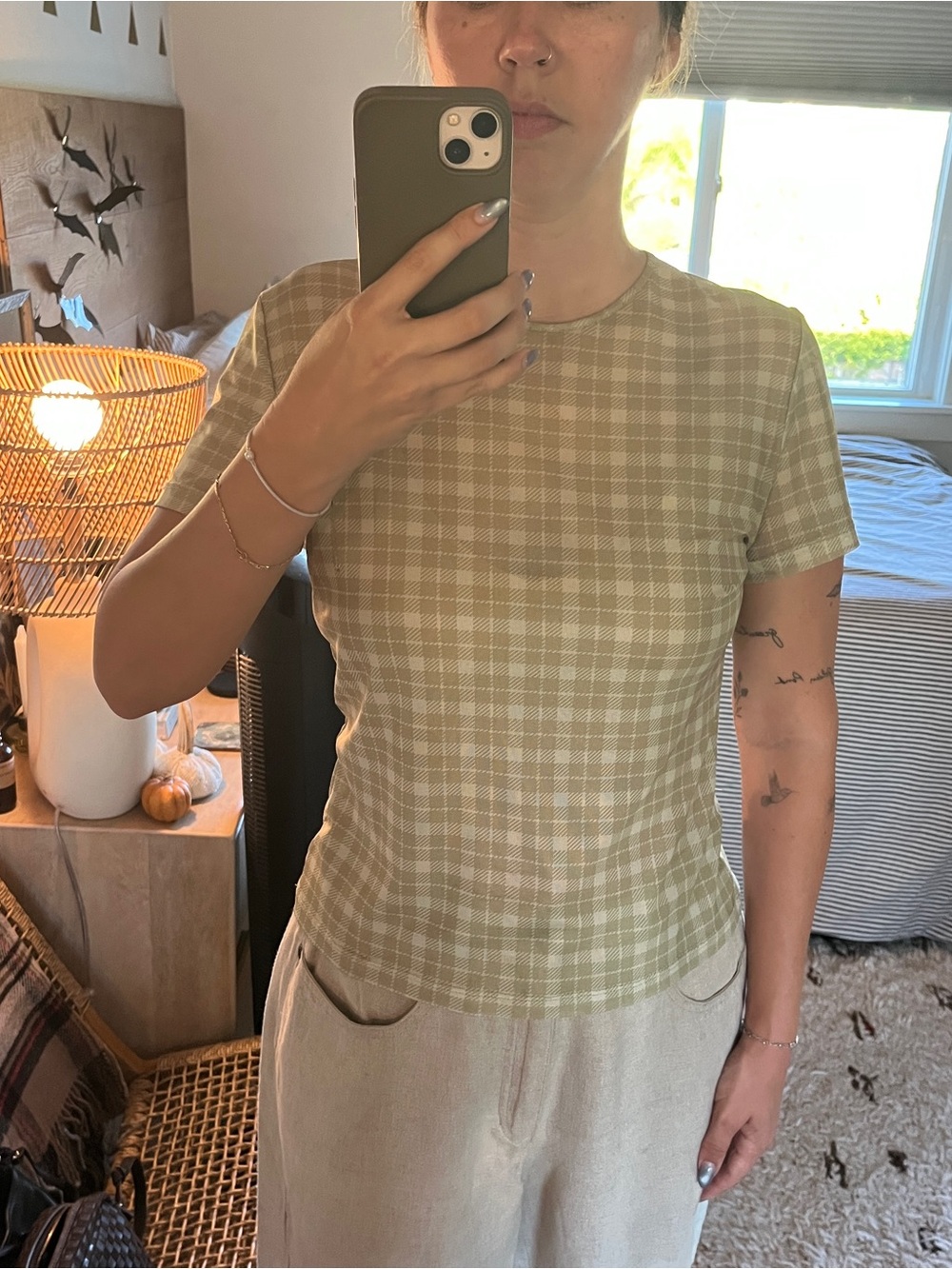 Women's Short Sleeve Plaid Tee in Light Green